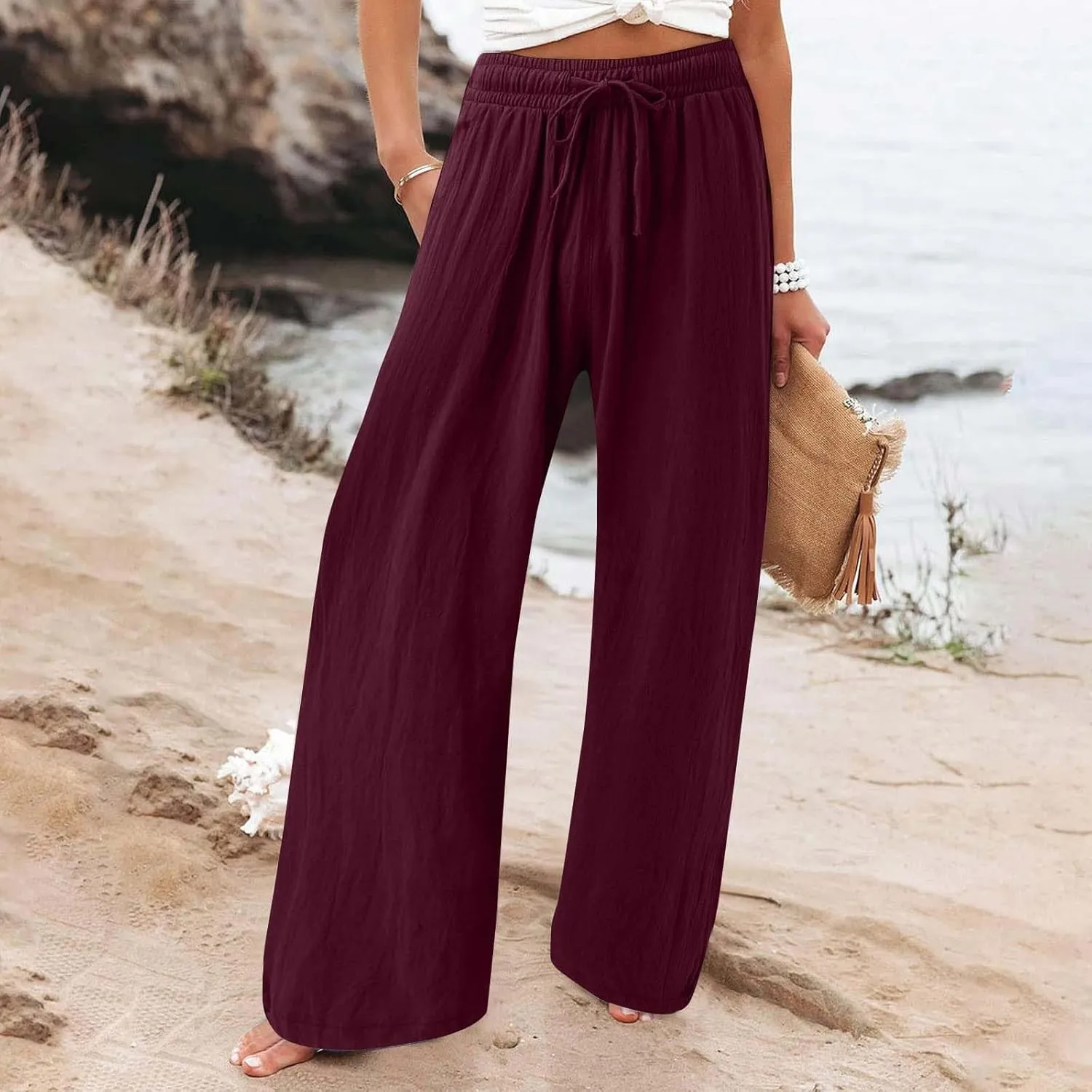 Womens Linen Pant 2025 Summer Casual Wide Leg Palazzo Pant Loose Smocked High Waist Work Slack Flowy Beach Trousers