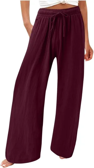 Womens Linen Pant 2025 Summer Casual Wide Leg Palazzo Pant Loose Smocked High Waist Work Slack Flowy Beach Trousers