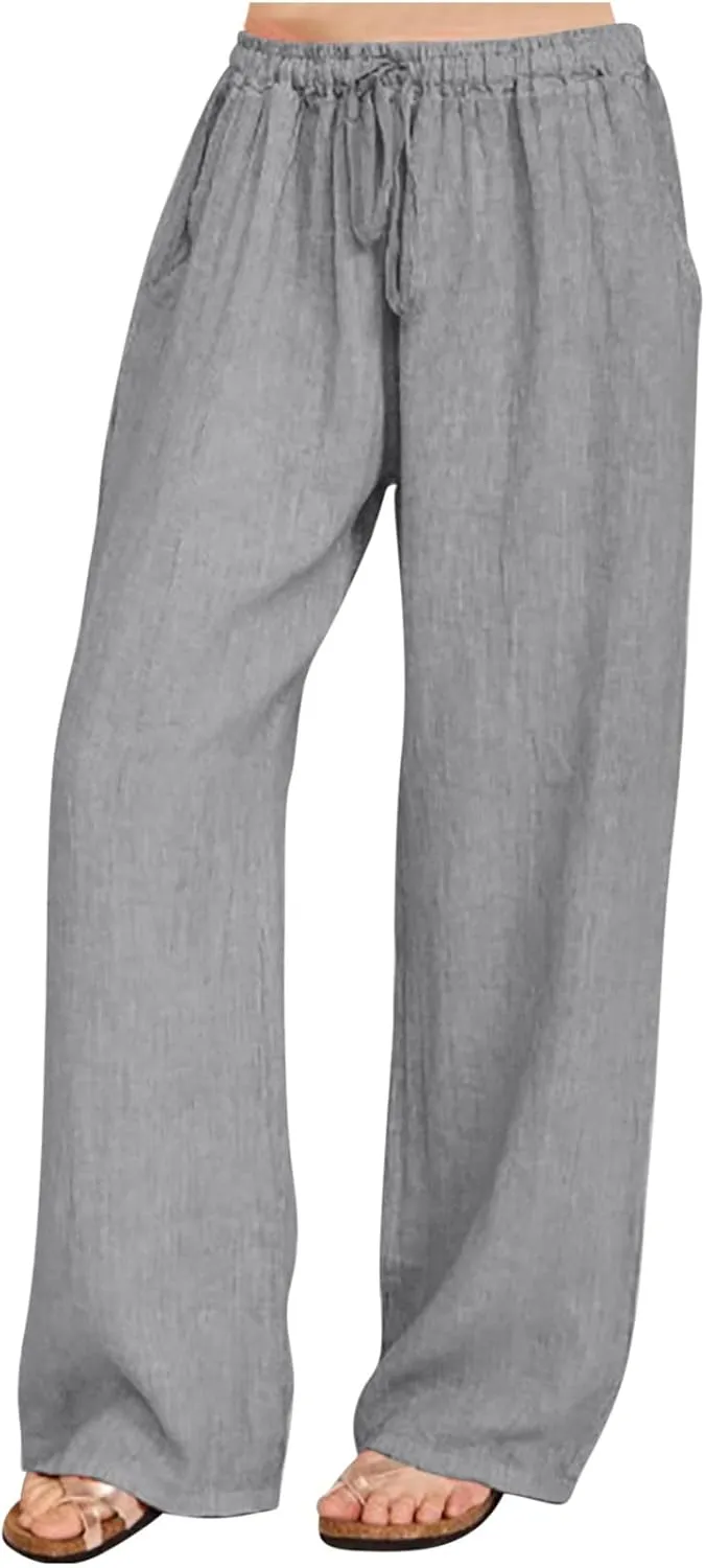 Womens Linen Pants 2025 Casual High Waist Wide Leg Trousers Summer Lightweight Loose Beach Palazzo with Pockets