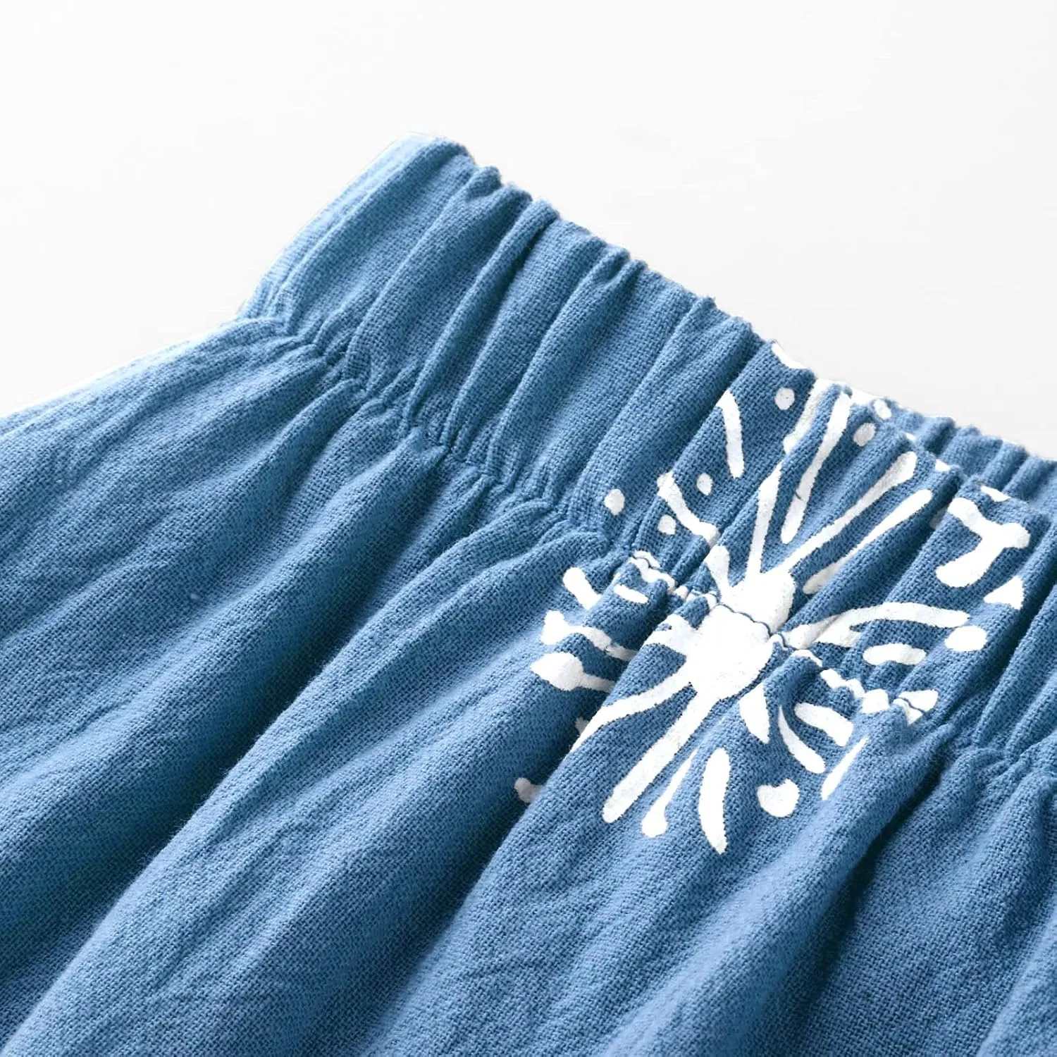 Womens Linen Pants Casual Dandelion Print Elastic Waist Sweatpants Capris Boho Wide Leg Palazzo Cropped Trousers with Pockets