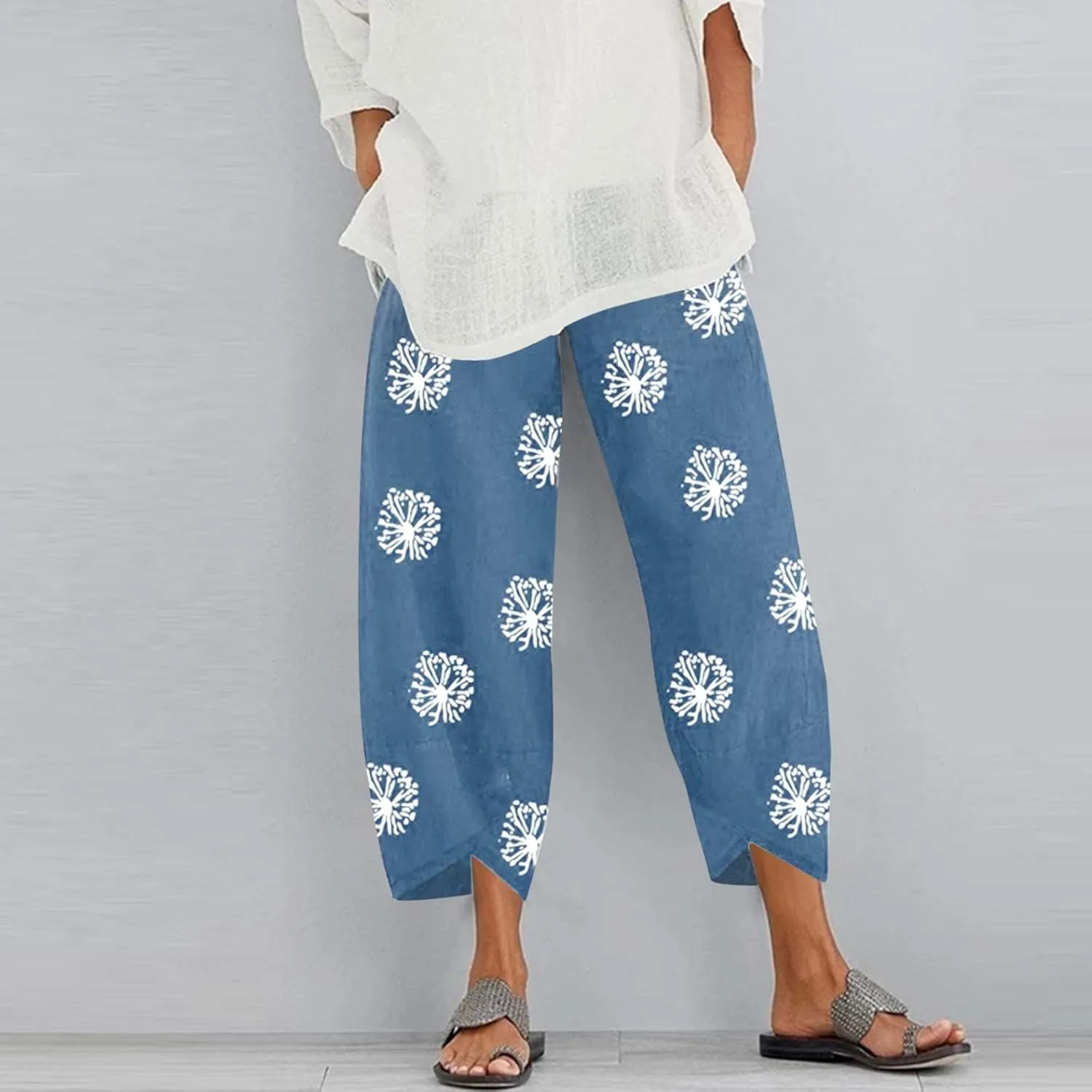 Womens Linen Pants Casual Dandelion Print Elastic Waist Sweatpants Capris Boho Wide Leg Palazzo Cropped Trousers with Pockets