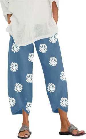 Womens Linen Pants Casual Dandelion Print Elastic Waist Sweatpants Capris Boho Wide Leg Palazzo Cropped Trousers with Pockets
