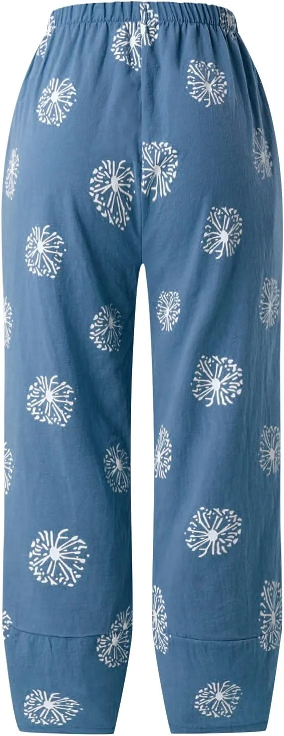 Womens Linen Pants Casual Dandelion Print Elastic Waist Sweatpants Capris Boho Wide Leg Palazzo Cropped Trousers with Pockets