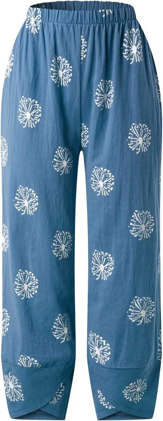 Womens Linen Pants Casual Dandelion Print Elastic Waist Sweatpants Capris Boho Wide Leg Palazzo Cropped Trousers with Pockets