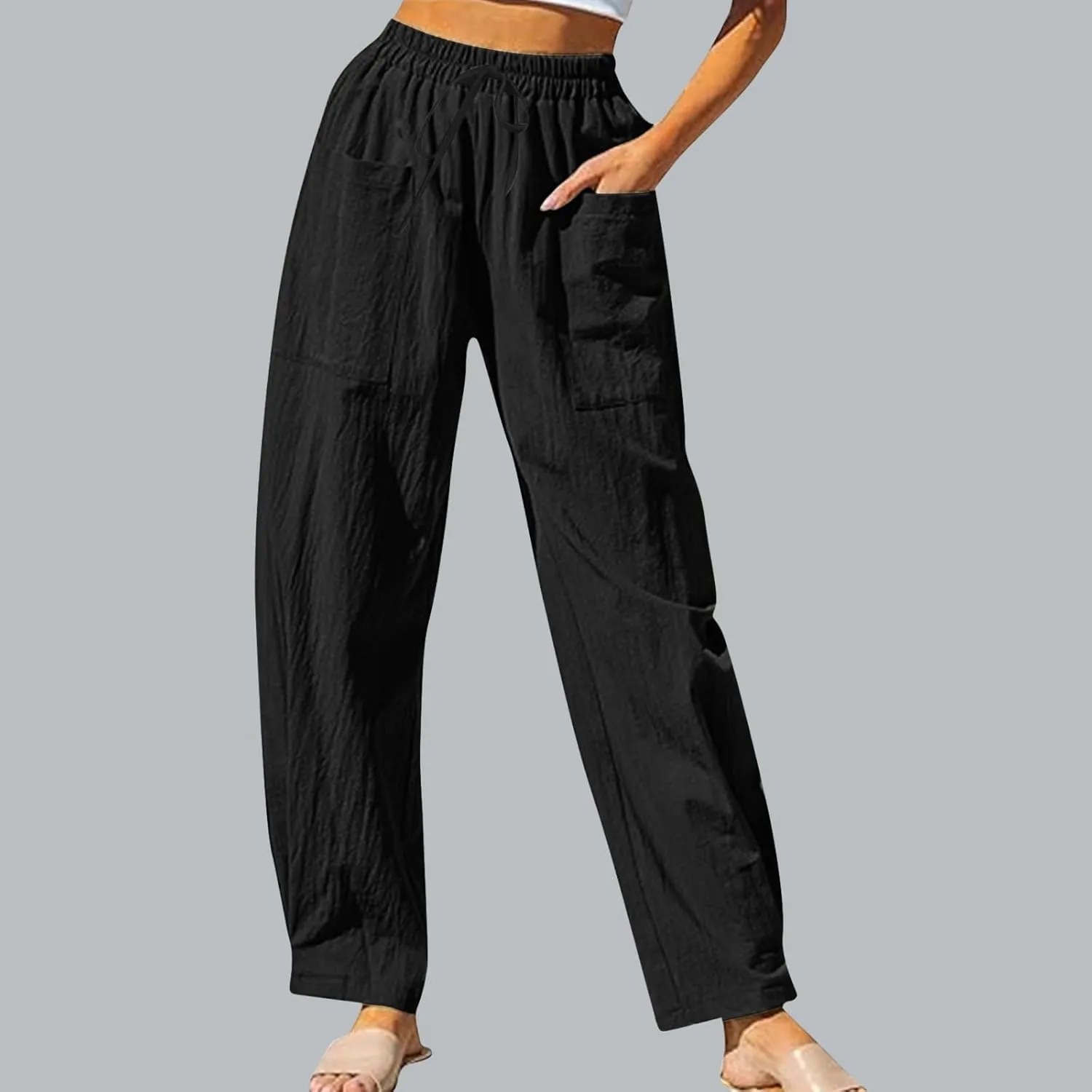 Women's Linen Pants Elastic Waist High Waisted Pants Comfy Straight Leg Trousers 2025 Trendy Summer Clothes