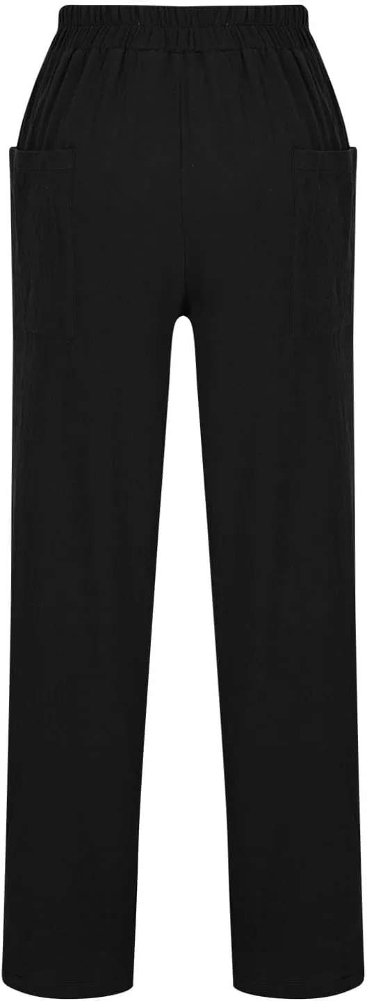 Women's Linen Pants Elastic Waist High Waisted Pants Comfy Straight Leg Trousers 2025 Trendy Summer Clothes