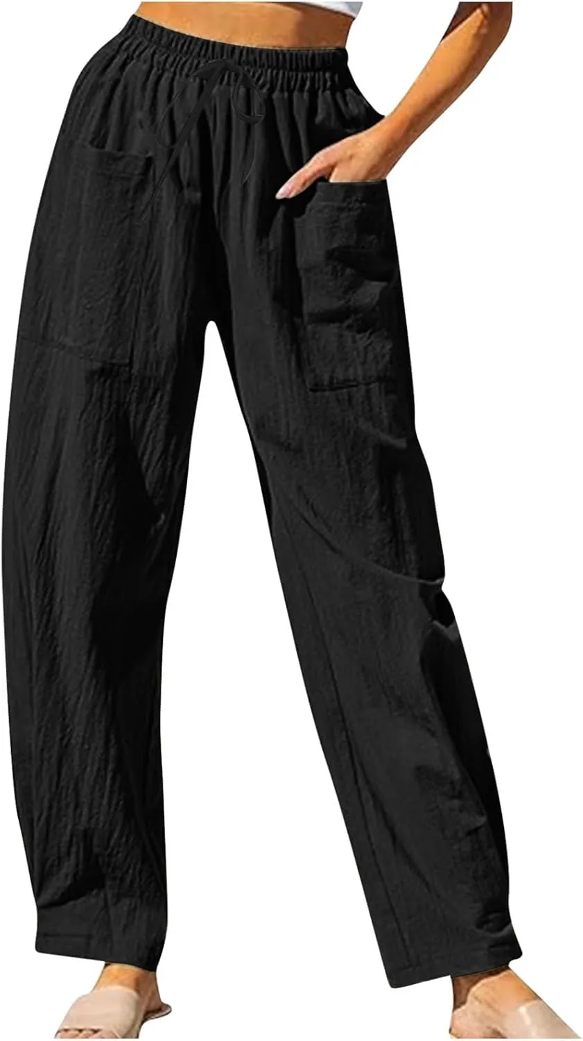 Women's Linen Pants Elastic Waist High Waisted Pants Comfy Straight Leg Trousers 2025 Trendy Summer Clothes