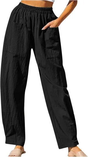 Women's Linen Pants Elastic Waist High Waisted Pants Comfy Straight Leg Trousers 2025 Trendy Summer Clothes