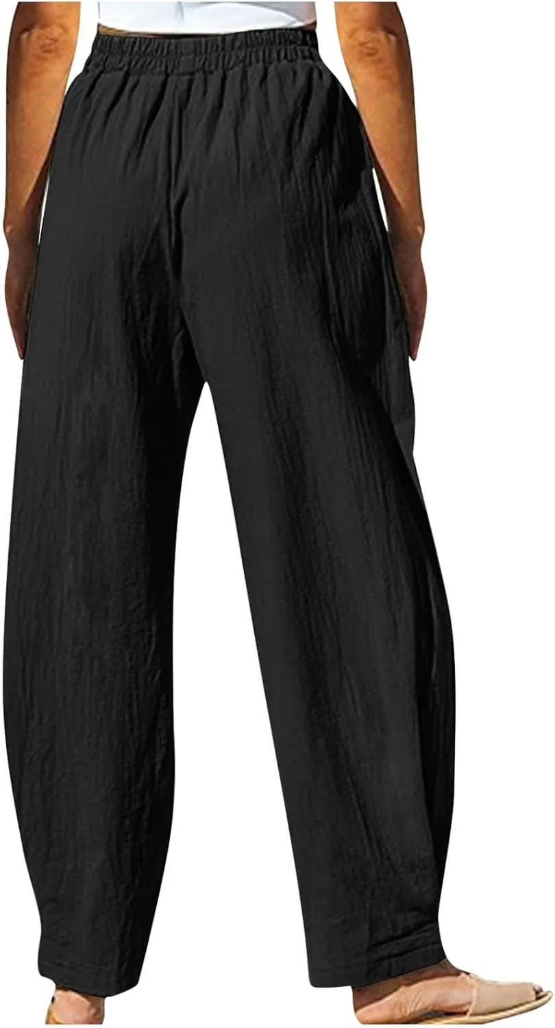 Women's Linen Pants Elastic Waist High Waisted Pants Comfy Straight Leg Trousers 2025 Trendy Summer Clothes