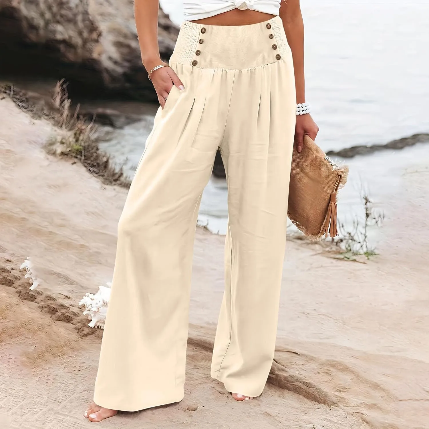 Womens Linen Pants Linen Wide Leg Pants for Women High Waist Stretch Dress Women's Cotton Linen Casual Beach Long Pants