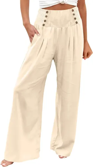 Womens Linen Pants Linen Wide Leg Pants for Women High Waist Stretch Dress Women's Cotton Linen Casual Beach Long Pants