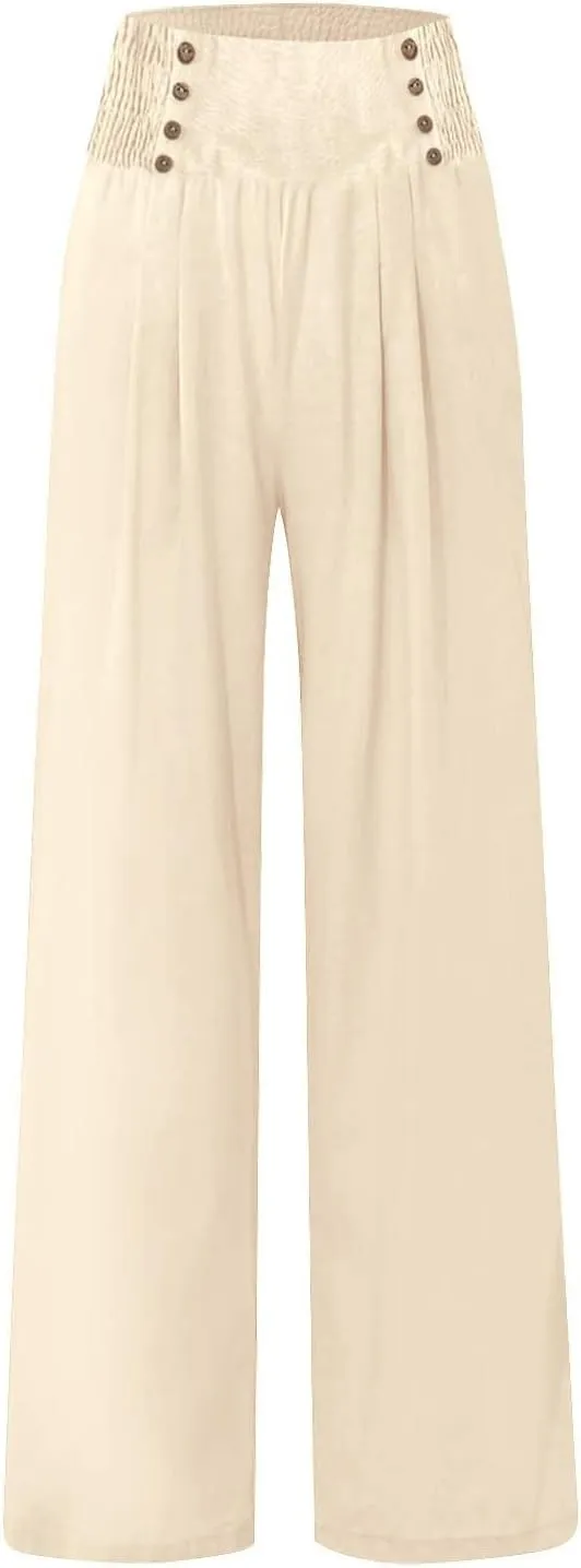 Womens Linen Pants Linen Wide Leg Pants for Women High Waist Stretch Dress Women's Cotton Linen Casual Beach Long Pants
