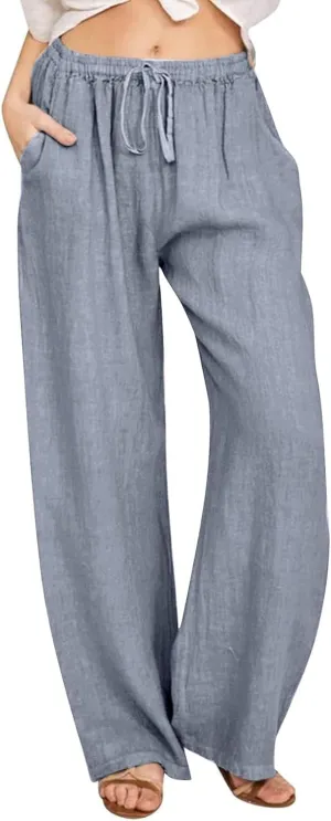 Womens Linen Pants Summer Boho Drawstring Elastic Flowy High Waist Casual Loose Fit Wide Leg Pants