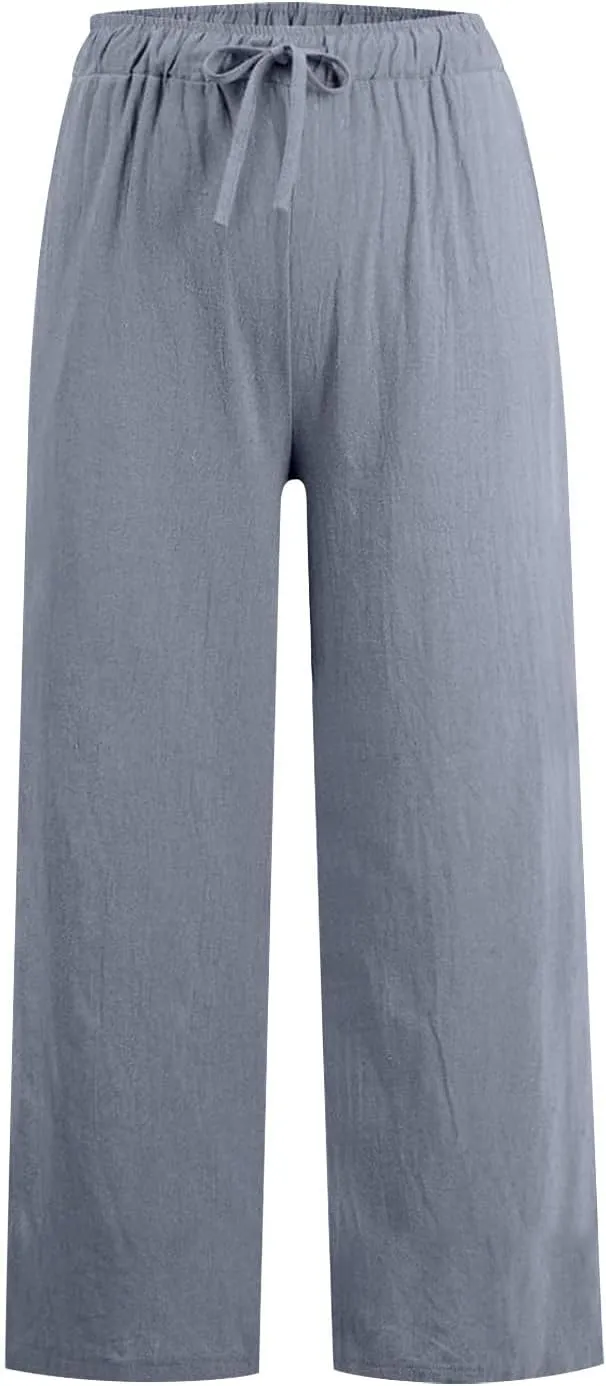 Womens Linen Pants Summer Boho Drawstring Elastic Flowy High Waist Casual Loose Fit Wide Leg Pants