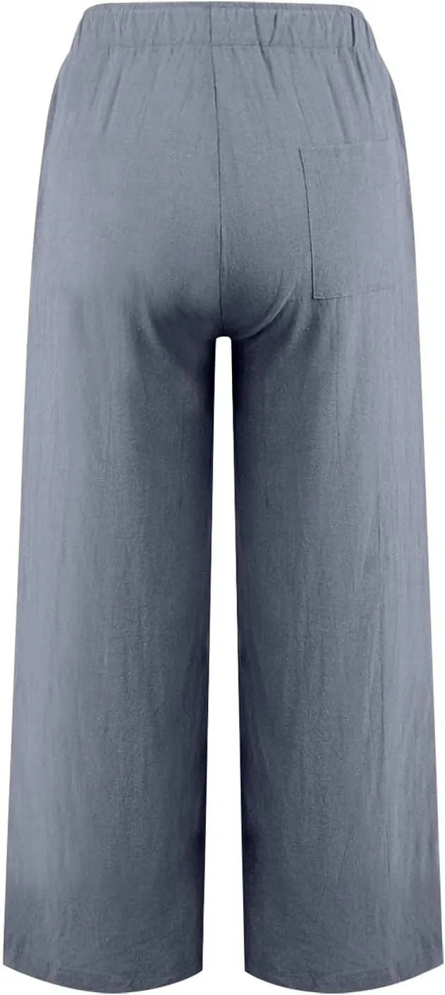 Womens Linen Pants Summer Boho Drawstring Elastic Flowy High Waist Casual Loose Fit Wide Leg Pants