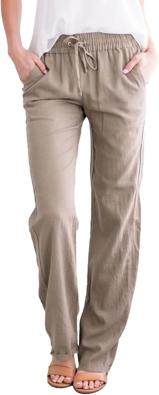 Women's Linen Pants Wide Leg Yoga Pants for Women High Waist Stretch Dress Women's Linen Blend Trousers with Pocket