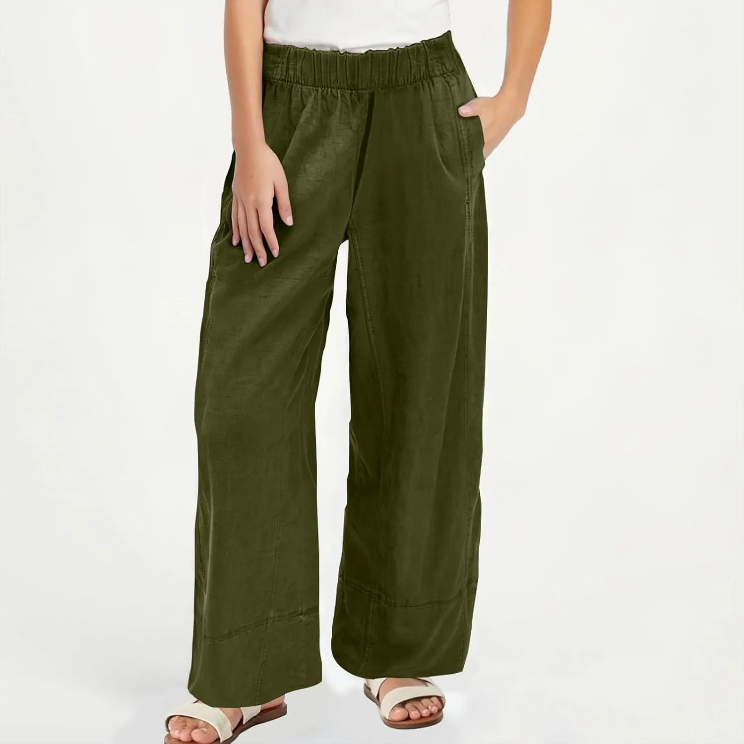 Womens Linen Pants with Pocket Summer High Waist Casual Wide Leg Pants Plus Size Trendy Flowy Palazzo Trousers