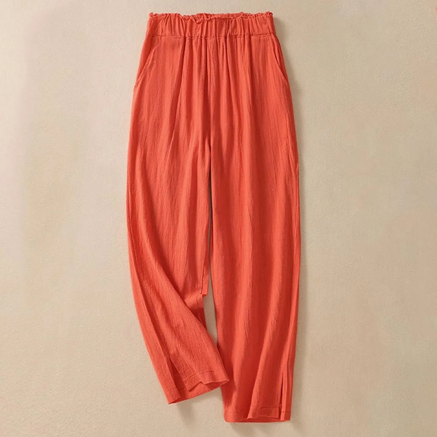 Women's Linen Summer Capris Pants Wide Leg High Elastic Waist Palazzo Pants Boho Beach Trousers Vacation Outfits