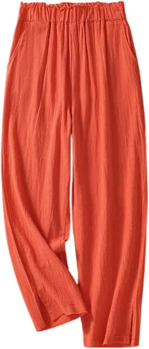 Women's Linen Summer Capris Pants Wide Leg High Elastic Waist Palazzo Pants Boho Beach Trousers Vacation Outfits