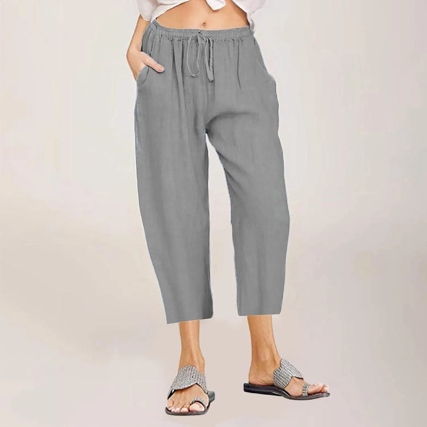 Womens Linen Summer Flowy Pants Elastic Waisted Ankle Length Plus Size Trouser Travel