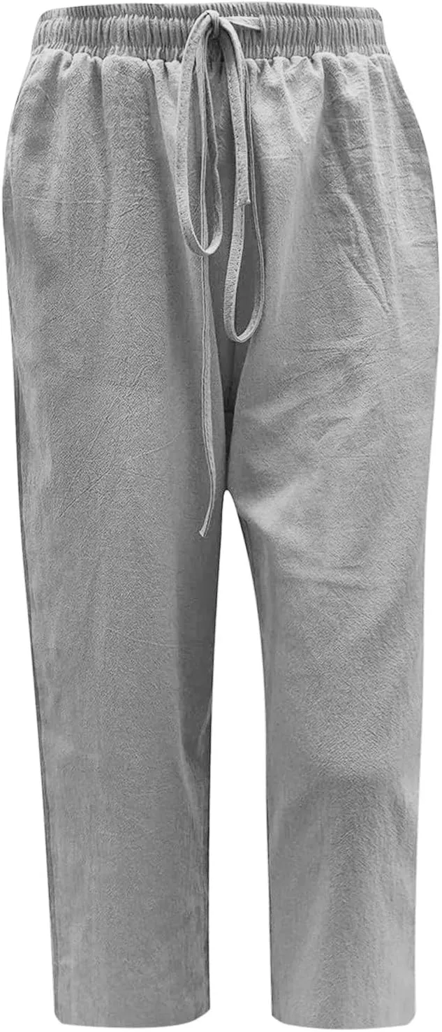 Womens Linen Summer Flowy Pants Elastic Waisted Ankle Length Plus Size Trouser Travel
