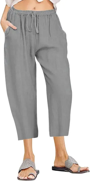 Womens Linen Summer Flowy Pants Elastic Waisted Ankle Length Plus Size Trouser Travel