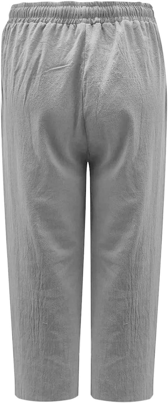 Womens Linen Summer Flowy Pants Elastic Waisted Ankle Length Plus Size Trouser Travel