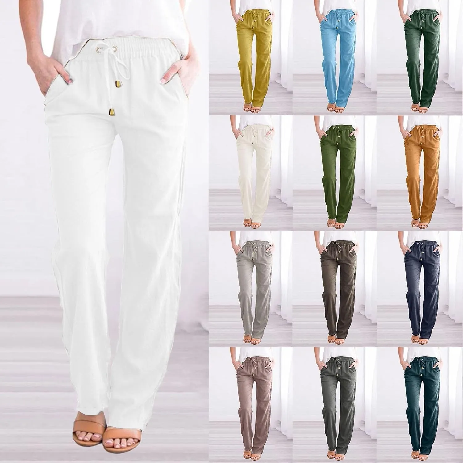 Womens Linen Tapered Leg Pants Loose Drawstring Elastic Waist Summer Baggy Lounge Beach Vacation Travel Trousers with Pockets