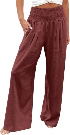 Womens Linen Wide Leg Pants Loose Drawsting Pull On Straight Leg Black Beach Flowy Harem Yoga Cropped Trousers with Pockets