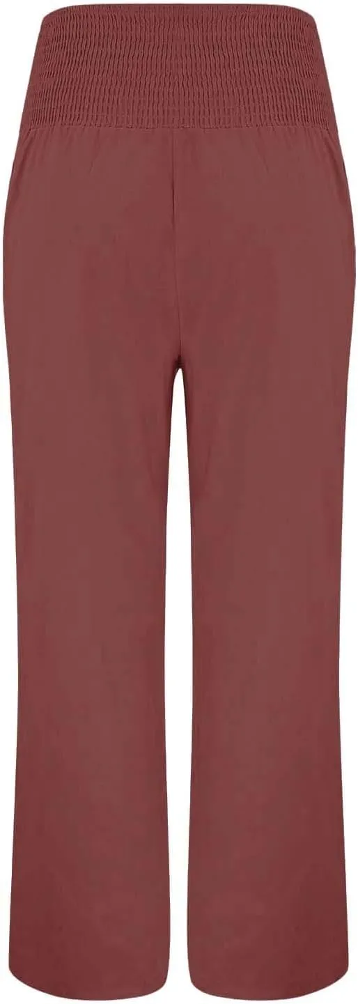 Womens Linen Wide Leg Pants Loose Drawsting Pull On Straight Leg Black Beach Flowy Harem Yoga Cropped Trousers with Pockets