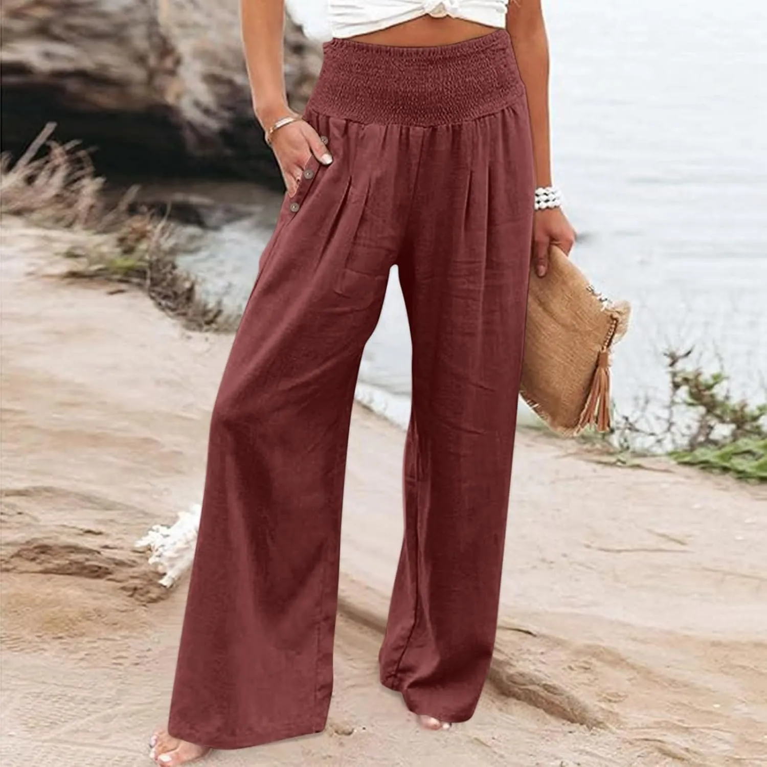 Womens Linen Wide Leg Pants Loose Drawsting Pull On Straight Leg Black Beach Flowy Harem Yoga Cropped Trousers with Pockets