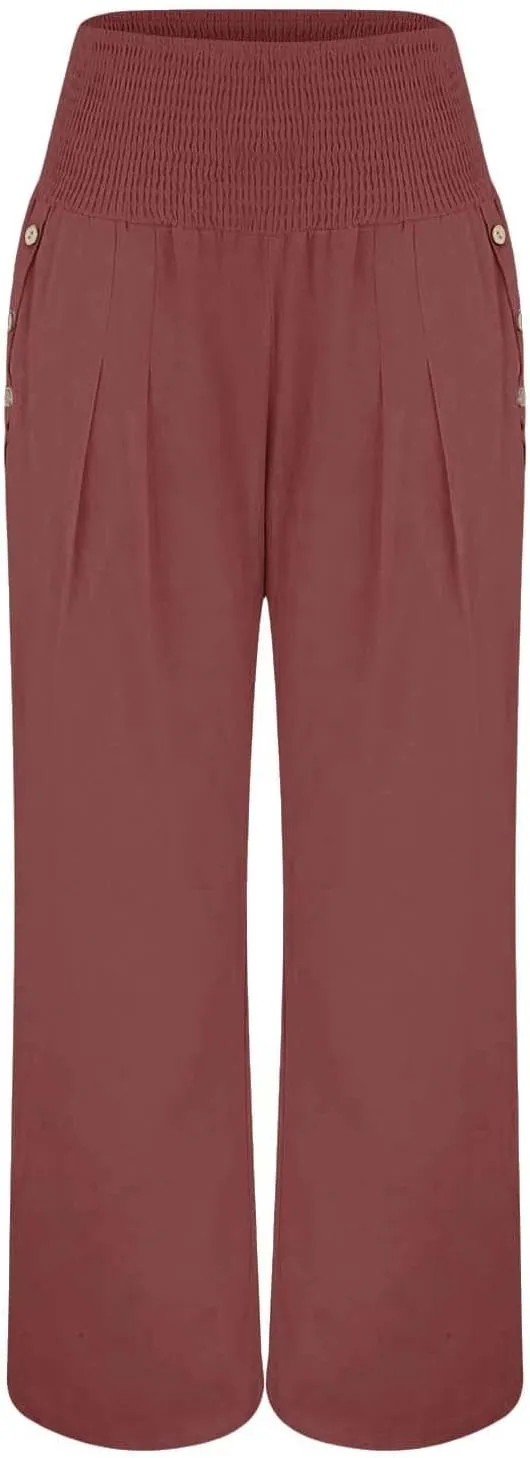 Womens Linen Wide Leg Pants Loose Drawsting Pull On Straight Leg Black Beach Flowy Harem Yoga Cropped Trousers with Pockets