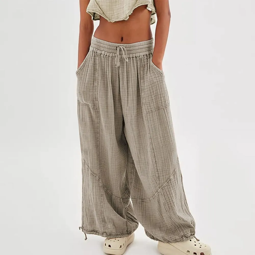 Women's Loose Fitting Palazzo Pants Pleated Drawstring Elastic Waist Solid Color with Pockets Relax Pants