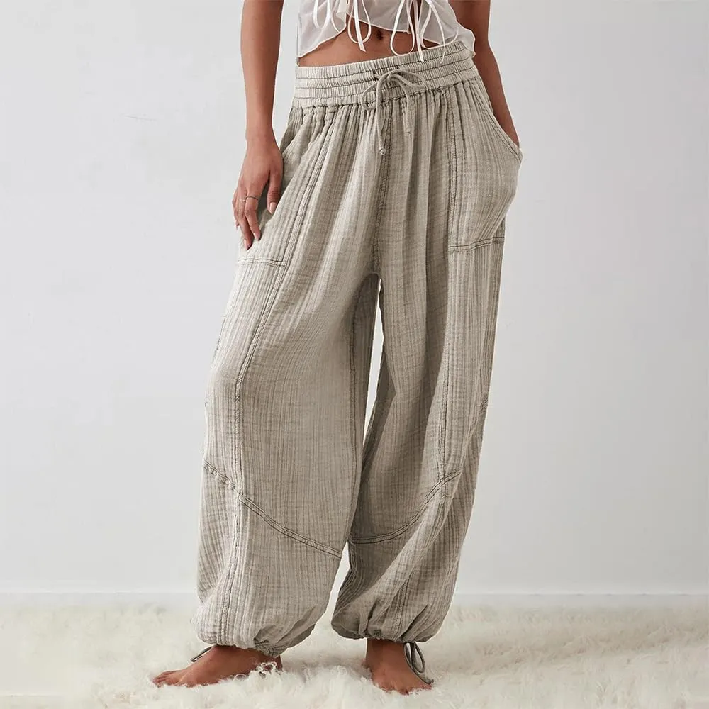 Women's Loose Fitting Palazzo Pants Pleated Drawstring Elastic Waist Solid Color with Pockets Relax Pants