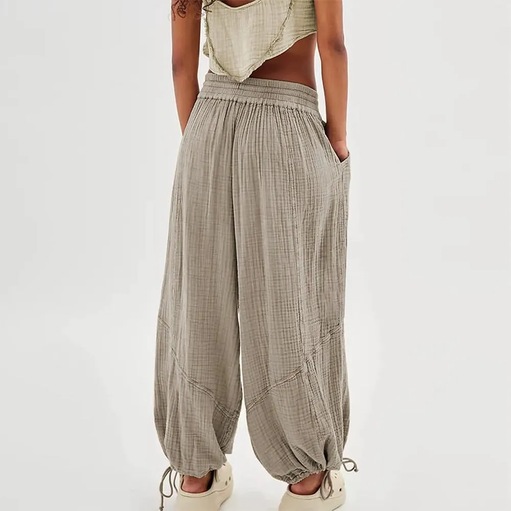 Women's Loose Fitting Palazzo Pants Pleated Drawstring Elastic Waist Solid Color with Pockets Relax Pants