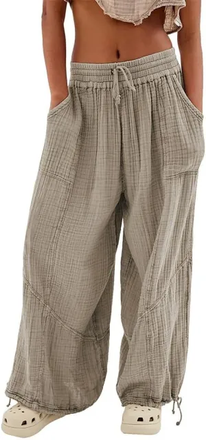 Women's Loose Fitting Palazzo Pants Pleated Drawstring Elastic Waist Solid Color with Pockets Relax Pants