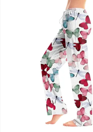 Womens Pajama Pants Butterfly Print High Waist Casual Palazzo Pants Drawstring Wide Leg Trousers with Pocket