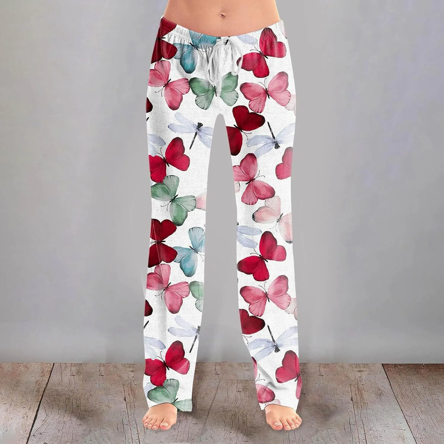 Womens Pajama Pants Butterfly Print High Waist Casual Palazzo Pants Drawstring Wide Leg Trousers with Pocket