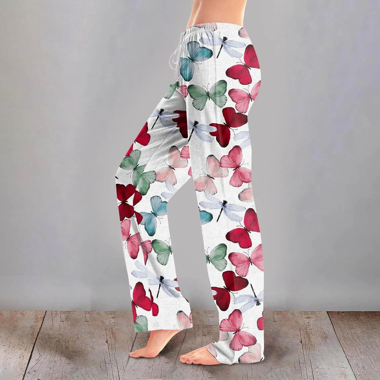 Womens Pajama Pants Butterfly Print High Waist Casual Palazzo Pants Drawstring Wide Leg Trousers with Pocket