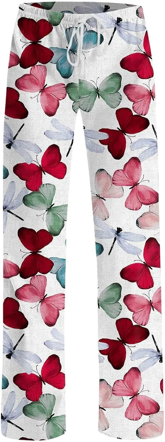 Womens Pajama Pants Butterfly Print High Waist Casual Palazzo Pants Drawstring Wide Leg Trousers with Pocket