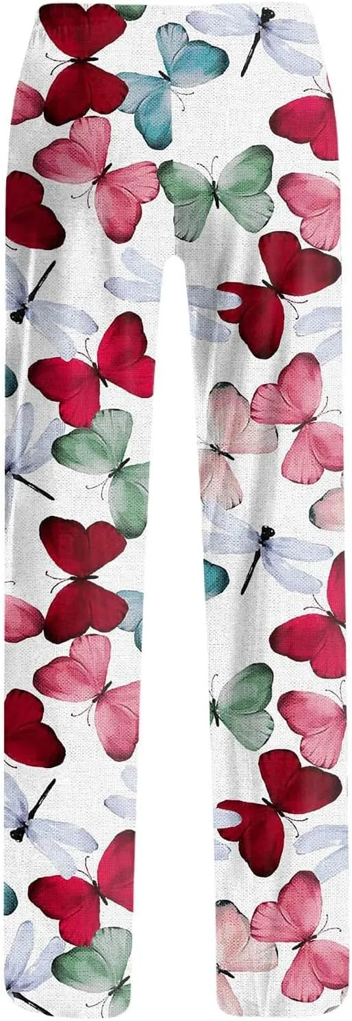 Womens Pajama Pants Butterfly Print High Waist Casual Palazzo Pants Drawstring Wide Leg Trousers with Pocket