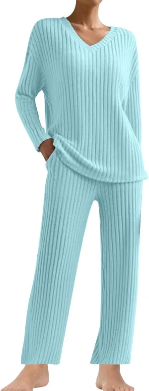 Women's Pajama Sets Long Sleeve 2 Piece Lounge Set Ribbed Knit Sweater Sleepwear Solid Color Loungewear Outfits