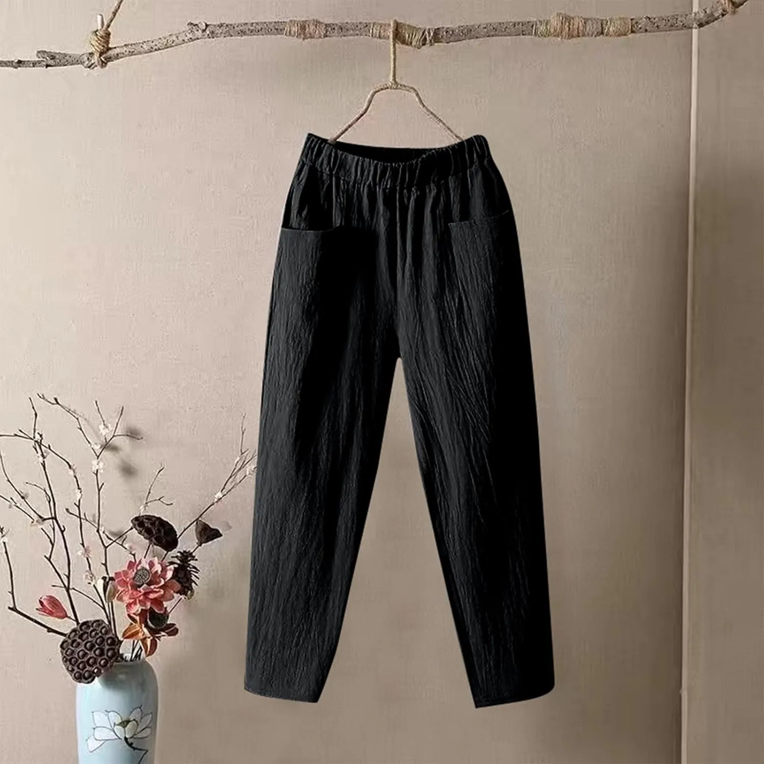 Womens Pants, Peasant Pants Linen Straight Leg Trendy Casual Loose Cotton Wide