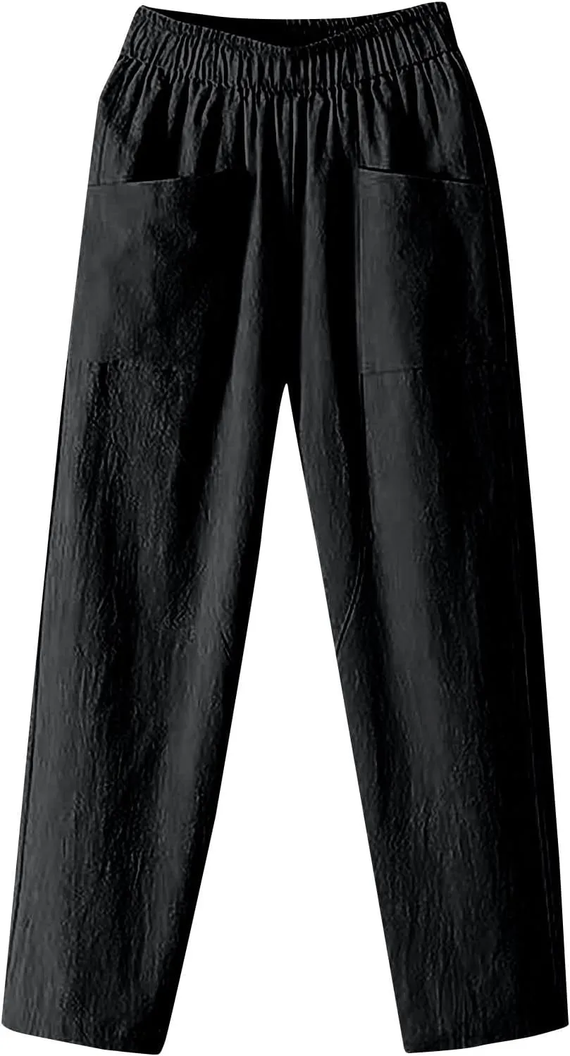 Womens Pants, Peasant Pants Linen Straight Leg Trendy Casual Loose Cotton Wide
