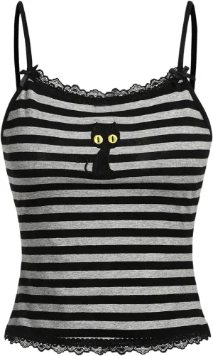 Women's Plus Size Cat Printed Cami Top Striped Spaghetti Strap Camisole Lace Trim Crop Tops