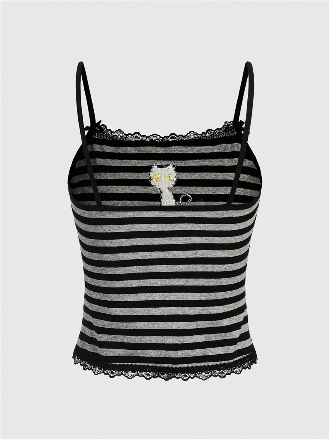 Women's Plus Size Cat Printed Cami Top Striped Spaghetti Strap Camisole Lace Trim Crop Tops