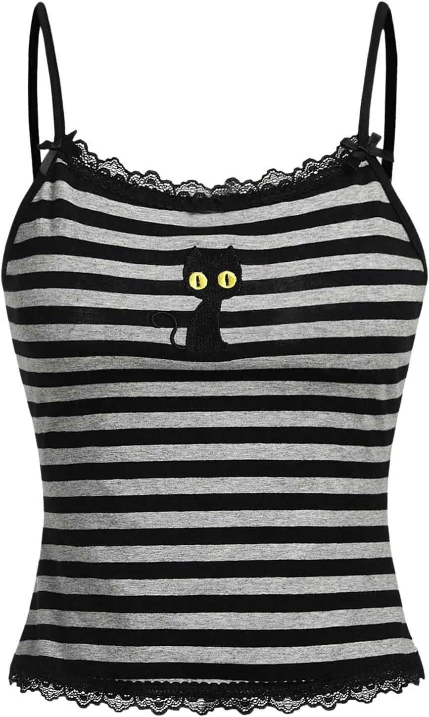 Women's Plus Size Cat Printed Cami Top Striped Spaghetti Strap Camisole Lace Trim Crop Tops