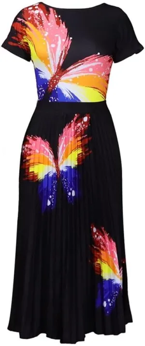 Women's Prom Dresses Sexy Printed Tops Pleated Large Skirt Half-Body Skirt Set Formal Dresses
