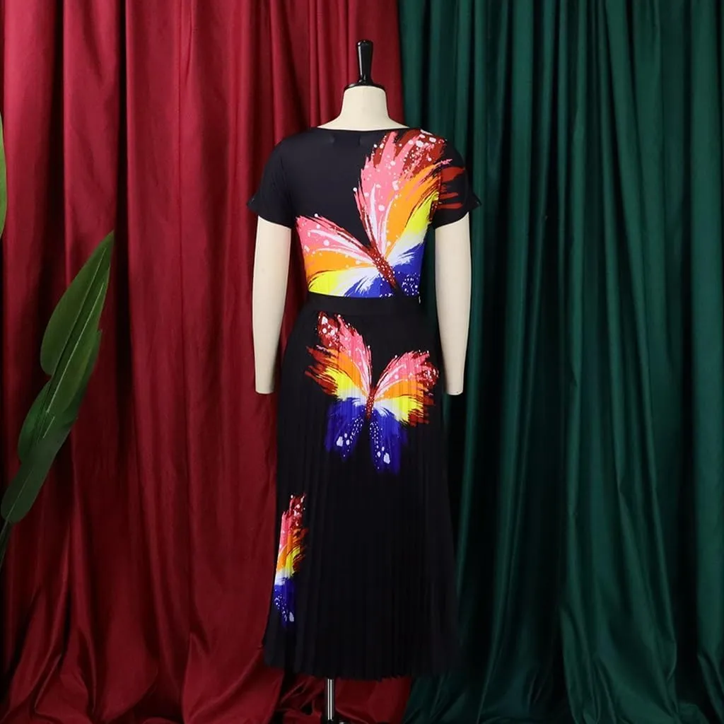 Women's Prom Dresses Sexy Printed Tops Pleated Large Skirt Half-Body Skirt Set Formal Dresses