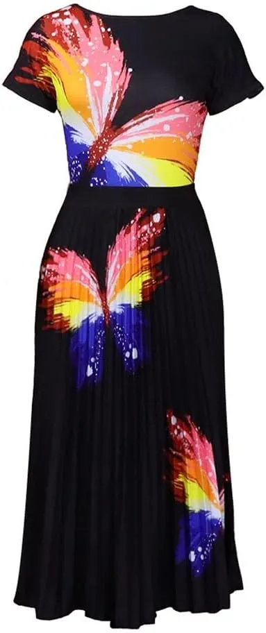 Women's Prom Dresses Sexy Printed Tops Pleated Large Skirt Half-Body Skirt Set Formal Dresses